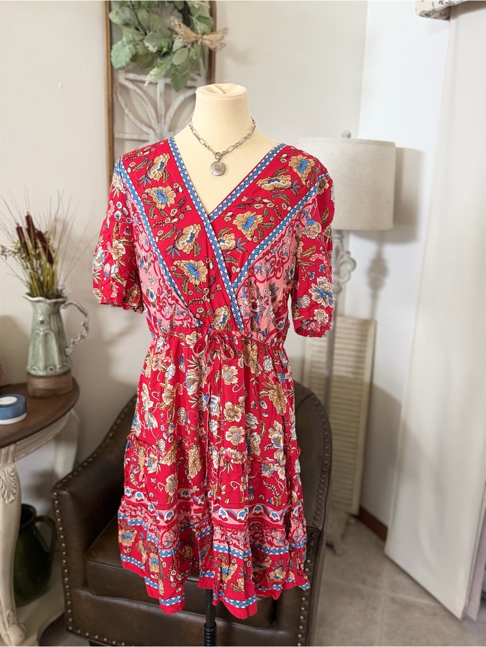 Bohemian faux wrap puff sleeve mini dress in red size large new